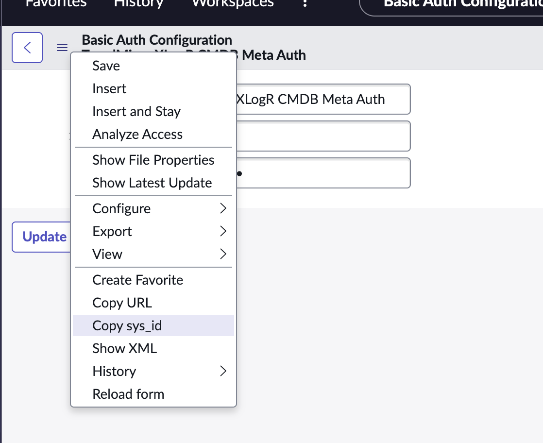 ServiceNow 內容選單，用於複製基本驗證配置文件 sys ID