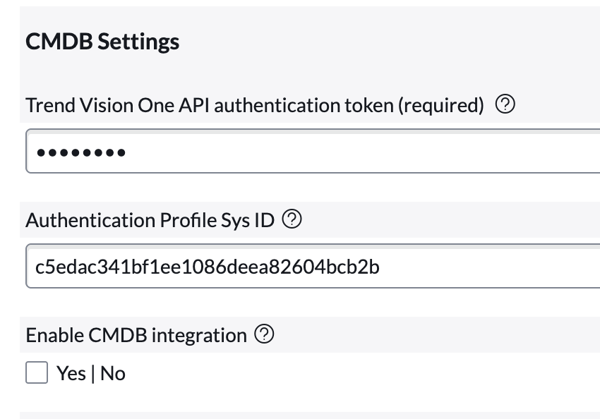 The ServiceNow CMDB settings for the Trend Vision One ServiceNow connector