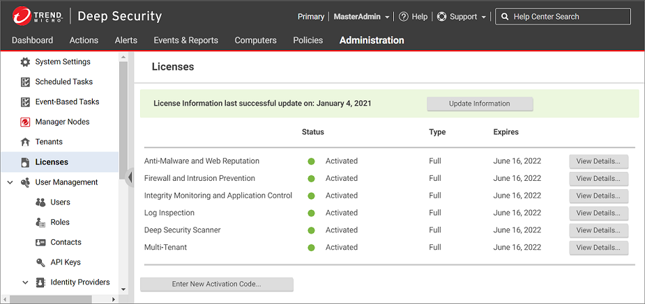 Screenshot of Licenses page