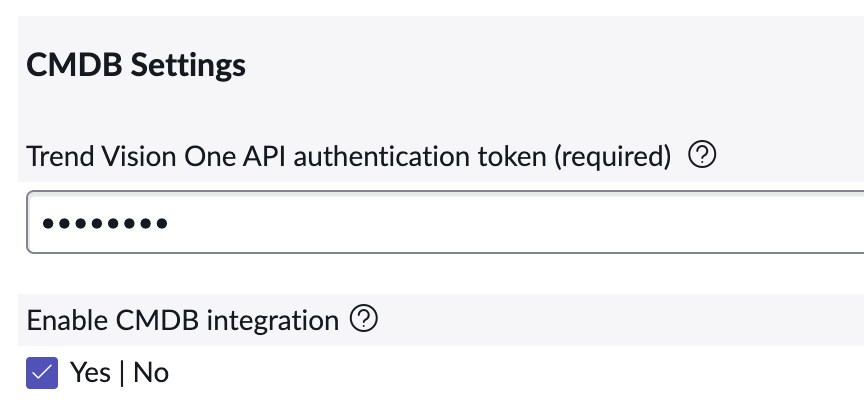 The ServiceNow CMDB settings for the Trend Vision One ServiceNow connector